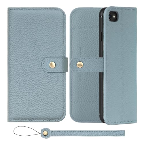 HANATORA iPhone8 7 SE3 SE2 (第3世代 第2世代) ケース 手帳型 本革 スマホケース スマホ スタンド ストラップ 付き シュリンクカーフレザー ギフト ベルトあり マグネットなし ブルーグレー H1SPB-8SE-BlueGr