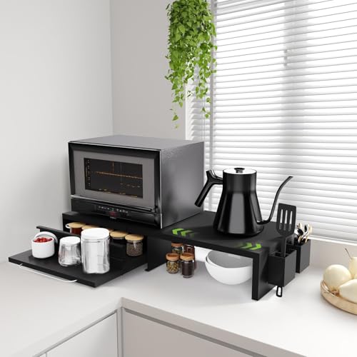 【インテリアコーディネーター監修】LUMIEL レンジ下収納 伸縮スライドテーブル 幅48〜93cm スチール製 作業台 引き出し収納 耐荷重32kg 家電下ラック 北欧風デザイン 国内サポート ブラック