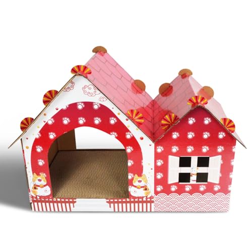 WANEKA Casa para Gatos de Carton Navidad - Rascador para Gatos Adultos, Rascador De Cartón con Caseta, para Gatos Grandes Y Pequeños