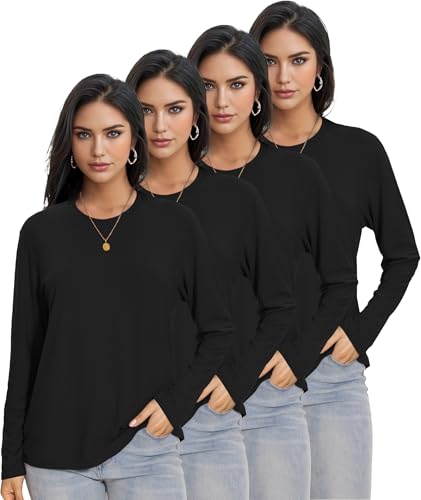 Kinglaman 4 Pack Womens Long Sleeve Shirts Tops Loose Fit Basic Crew Neck Tee T Shirts Ultra Soft Blouses Tops 4 Black Medium