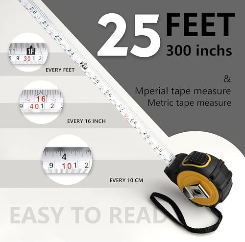 25ft(7.5-Meters) Tape Measure, Self-Lock, Dual Scale, Easy Read Measuring Tape