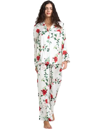 Image of YiNi LuLu Womens Silk Satin Pajamas Set Button Down 2 Piece Pjs Long Sleeve Oversized Sleepwear with Pockets