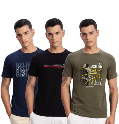 Image of ADRO 100% Cotton Lycra Tshirts for Men Combo Pack of 3 | Regular Fit | Printed T Shirt | Round Neck Half Sleeve| Mens Tshirts