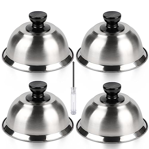 CPROSP Stainless Steel Burger Bells Set of 4 Enamel & Heat Bell Stainless Steel for Cheeseburger Making Burger Cover with 1 Mini Screwdriver