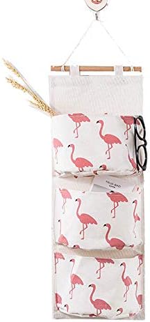 Large Wall Door Closet Hanging Storage Bag Linen Cotton Over The Door Organizer Fabric Hanging Shelves with 3 Pockets for Room Bathroom (Small Flamingo)