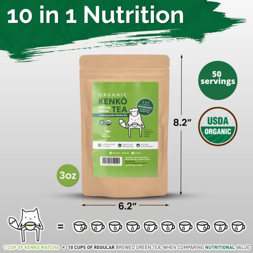 KENKO Matcha Green Tea Powder [USDA Organic] Culinary Grade. Pure & Authentic Japanese Matcha, Second Harvest blend for Tea Lattes, Smoothies and Baking at home. Healthy Antioxidants + Energy - 100g (3.5oz) Bag with 50 Servings