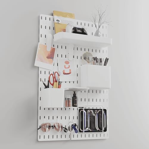 Image of Gifts Island Pegboard Wall Organiser Set with 1 Boards, 10 Accessories & Self-Adhesive Stickers, Customisable Storage System for Office, Kitchen, Pegboard Wall Hanging (10, White)