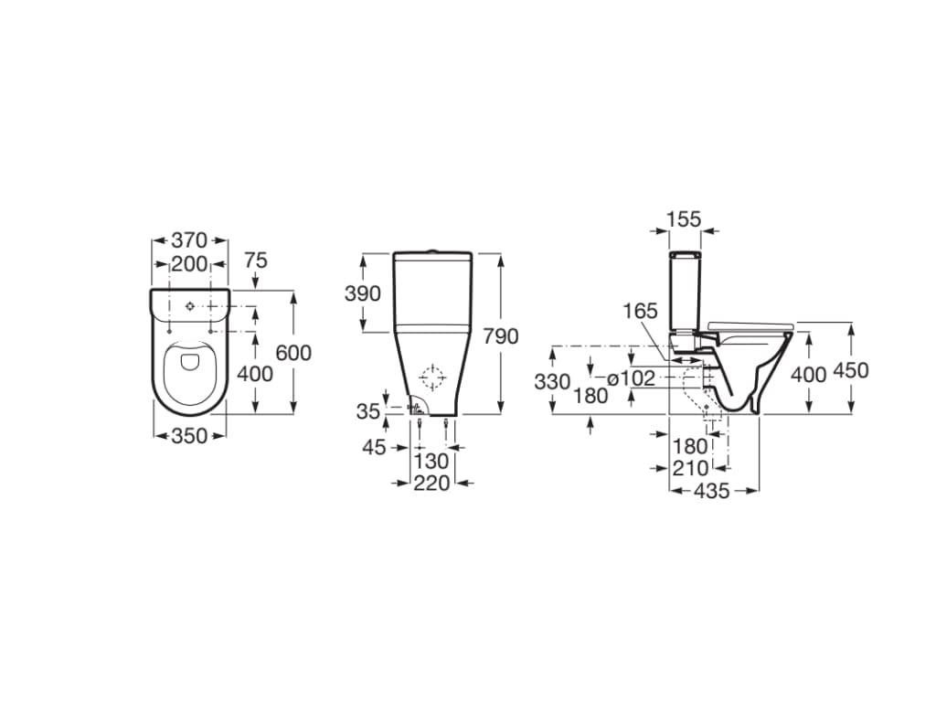 Roca,The Gap,ROUND - Taza Rimless con salida dual para inodoro de tanque bajo compacto adosado a pared,Blanco,370mm x 600mm x 790mm,A3420N7000