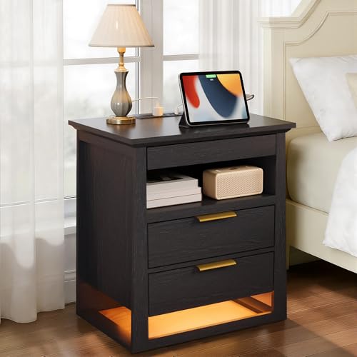 Rresyet 3 Drawer Nightstand with Charging Station & LED Lights & Open Shelf Modern Night Stand with Storage Wooden Bedside Table for Bedroom Room Office (Black)