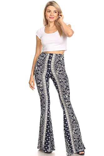 SWEETKIE Boho Flare Pants, Elastic Waist, Wide Leg Pants for Women, Solid & Printed, Stretchy and Soft (Navy Stone 8191V, X-Small)