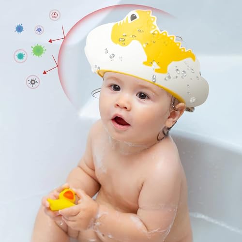 Image of FUNUPUP 2 Pack Adjustable Toddler Hair Washing Bathing Cap Shield Baby Shower Visor Shampoo Cap Protect Baby Eyes (Dinosaur)