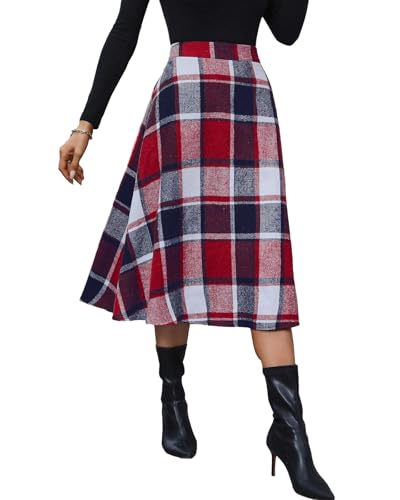 Plaid Skirts for Women High Waist Wool Skirts A-Line Tartan Midi Skirts