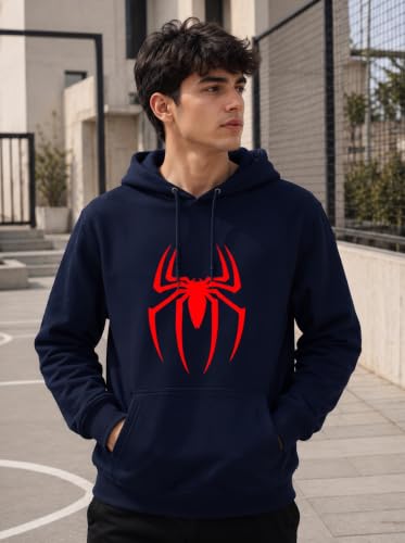 Image of More & More HOODMASTER Men's Cotton Hoodie Sweatshirt with Full Sleeves Regular Fit Solid Pattern Spider Printed Theme Hooded Neck and Standard Length | Cotton Hoodie Sweatshirt for Men