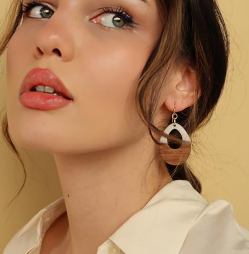 POMINA Lightweight Fashion White Earrings for Woman Oval Teardrop Dangle Earrings Geometric Colored Resin Wood Earrings Two Tone Color Spring Gold Drop Earrings2
