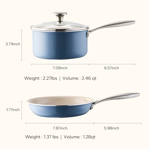 Image of Redchef Saucepan & Frying Pan Set, 8 inch Ceramic Frying pan & 2.5Qt Saucepan with Lid, Cookware Set, Induction Compatible, Nontoxic PTFE PFOA Free, Oven & Dishwasher Safe, Blue