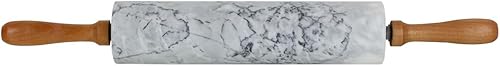 Miniatura 4 de Home Basics Rodillo de piedra de mármol blanco con asas de madera de fácil agarre y soporte de exhibición de cuna de madera, pesado y sólido para