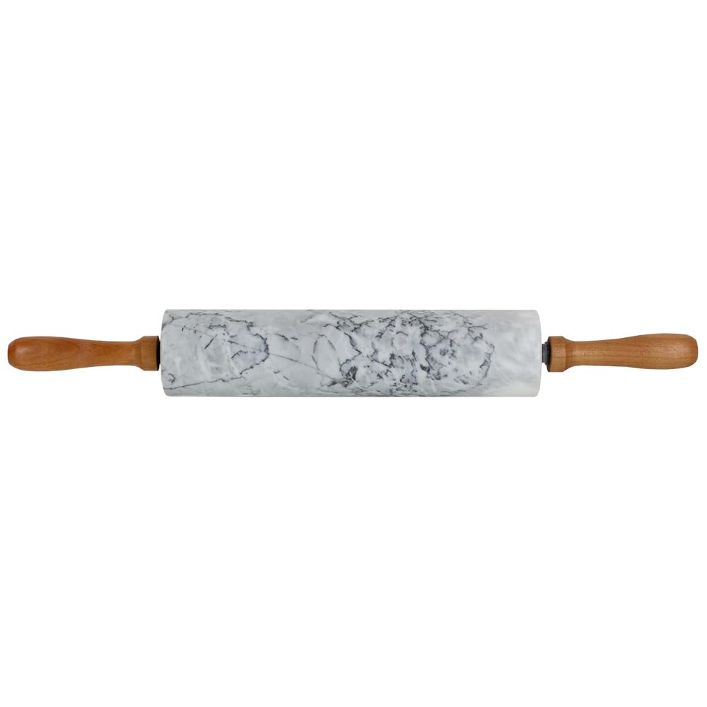 Home Basics Rodillo de piedra de mármol CRA blanco con asas de madera de fácil agarre y soporte de exhibición de cuna de madera, pesado y sólido para hornear panadería donuts Cookie