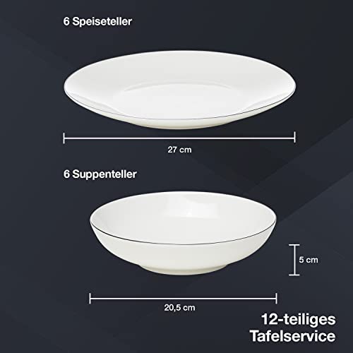 Peill+Putzler Germany, Tafelservice für 6 Personen aus hochwertigem Porzellan, 12-teiliges Geschirrset in weiß mit schwarzem Rand, 6x Speiseteller, 6x Suppenteller