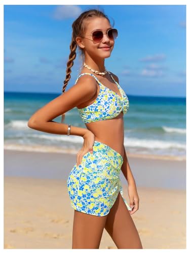 Image of OYOANGLE Girl's 3 Piece Bikini Sets Floral Print Spaghetti Straps Cute Swimsuits with Beach Skirt Bathing Suits