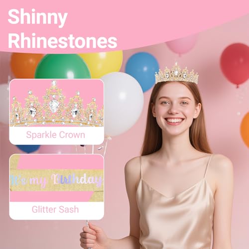 Birthday Tiara and Crown with Sash, Birthday Tiara for Women Party (Gold)