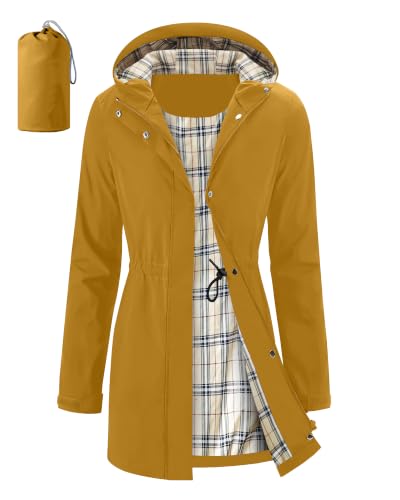 iCreek Womens Rain Jacket Packable Long Raincoat Hooded Plaid Lined Trench Coat Waterproof Windproof Lightweight for Outdoor (Yellow S)