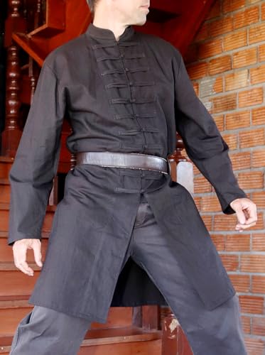 Image of Chinese Collar Mens Long Naval Jacket Many Button Tai Chi Cotton