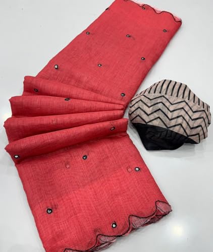 Image of Linen Cotton Saree with Black Mirror Work | New