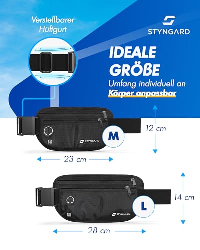 Flache Bauchtasche diebstahlsicher RFID Schutz - Geldgürtel zum Umhängen - Reise Bauchtasche mit Diebstahlschutz - Brustbeutel Damen und Herren Sport - STYNGARD - Modell Madrid