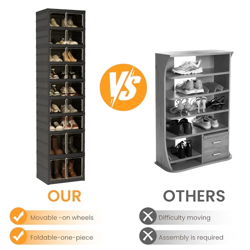 Image of Foldable Shoe Organizer Storage Box Set of 2, Portable Extra Large Folding Shoe Rack for Closet, Shoe Storage Box with Magnetic Transparent Door and Wheels, 9 Layers 18 Grids with 4 Big Grids