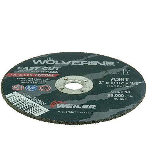 Image of Weiler 56068 3-Inch Cutting Wheel, Wolverine AO Steel /Metal Fast Cut, Value Cutting, 1 /16 inch A36T Type 1 3 /8 inch Arbor (Pack of 100)