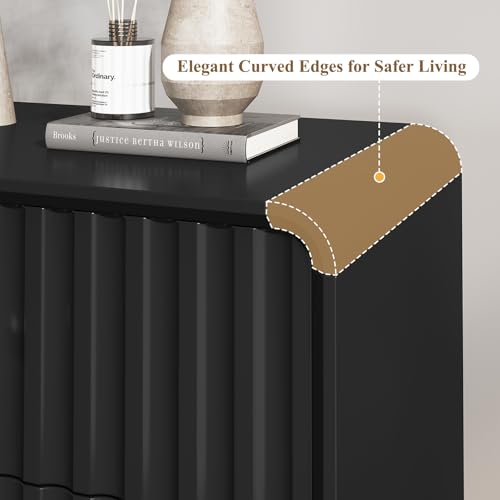 Image of HLR Night Stand Set of 2, Fluted Modern Bedside Table with 2 Drawers, Black