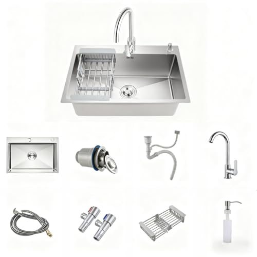 【Yecox】キッチンシンク 大容量シンク ステンレス 静音加工 結露対策 錆びず 防油 防汚 水栓付き 水切りカゴ付き シンクアクセサリー付き 簡単取付 置き場付き 収納便利 省スペース 業務用 家庭用 使いやすい(72*45*20CM,Bセット(丸い蛇