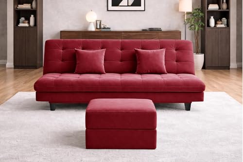 Image of Rosebell Modern Three-Seater Sofa Cum Bed Foldable Velevt Fabric Sofa, Foam Seating, Stylish Design for Living Room, Guest Room & Office - Red Color