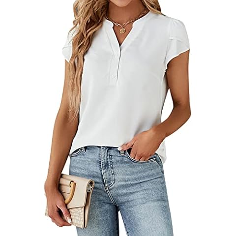 Blooming Jelly Women's Dressy Casual Tops Business Work Blouses White Button Down Shirts Short Sleeve Summer V Neck Tshirt (White,Small) Cover