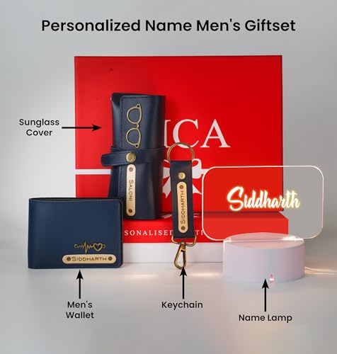 Image of AICA Personalized Name & Charm Leather Wallet Mens Combo & Led Lamp Giftset (Navyblue) | Customized Birthday Anniversary Wedding Gifts for Brother Husband Father Boyfriend Boy Friend | Gifts Hamper