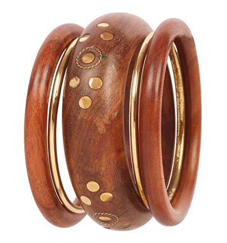 Image of Touchstone wood bracelets for women bangle wooden jewelry handmade artisan bangles natural handcrafted brown olive stylish chunky boho bohemian bracelet brass metal inlaid woods stackable