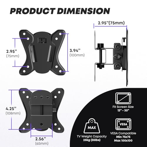 PUTORSEN 13-30 Zoll TV Wandhalterung, Schwenkbar Monitor Wandhalterung für LCD LED TVs & Monitors, Neigbar TV Halterung bis zu 25kg, Universal Fernseher Halterung mit max. VESA 75x75 / 100x100mm – Bild 4