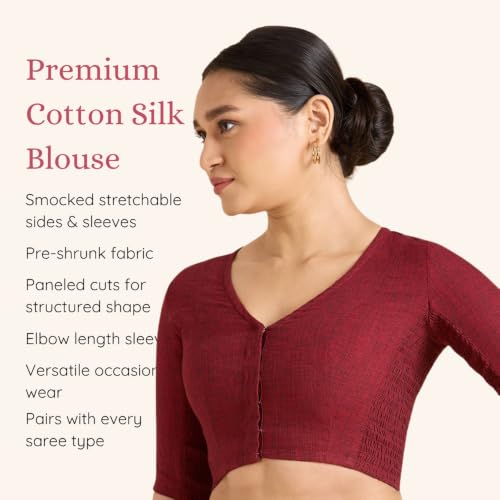Image of Studio Shringaar Women's Thick Handloom Cotton Plain Side Stretch (Smocked) Readymade Saree Blouse