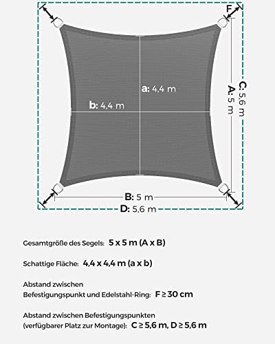 SONGMICS Sonnensegel 5 x 5 m, Sonnenschutz aus HDPE-Gewebe, luftdurchlässig, wasserdurchlässig, für Terrasse, Garten, Balkon, Camping, quadratisch, konkav, 2 m Seile, rauchgrau GSS55GY 5
