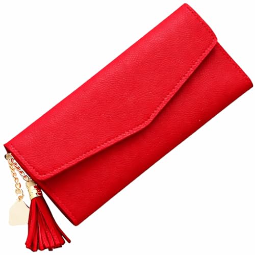 Carteira Feminina Grande Estilo Envelope com Zíper, Pingente Coração e Borla, Porta Cartões, Elegante e Moderna (Vermelho)