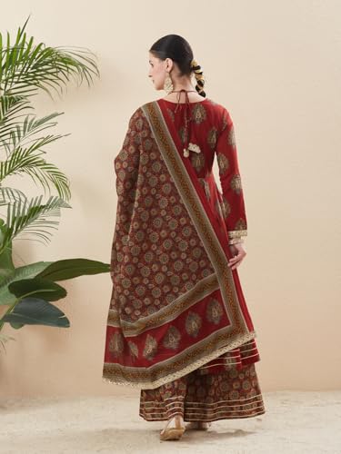 Image of MOKOSH Women's Cotton Print Anarkali Kurta Sharara with Dupatta | Anarkali Kurta Set | Queen Anne Neck Full Sleeve Ethnic Suit | Floral Kurta 3 Colour Option Available | 3 Piece Outfit