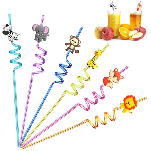 6 Pezzi Cannucce Animali Giungla per Bambini, Cannucce Animali Giungla, Cannucce Riccia,Cannucce Riutilizzabili Bambini Per Feste Di Compleanno Per Bambini, Decorazioni Per Feste Di Famiglia