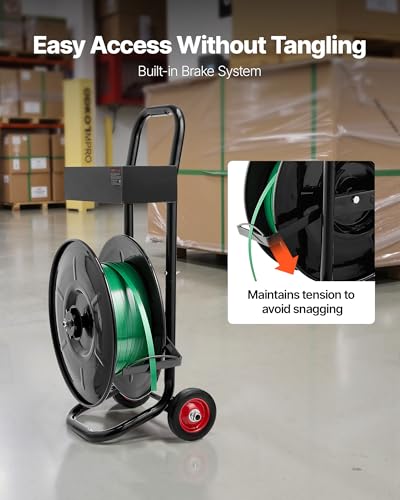Image of VEVOR Banding Strapping Cart, Fit for PET /PP /Polyester Strapping Coils with 8 inches Core Size, Heavy Duty Strapping Dispenser Equipped with Upgrade Brake System, Built-in Spacious Tray for Tools
