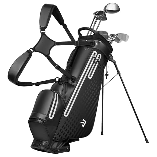 Waterproof Golf Stand Bag for Men, All-Weather Lightweight Carry Bag with 5-Way Top Divider, Reflective Safety Strips, Rain Hood, 6 Pockets, Black