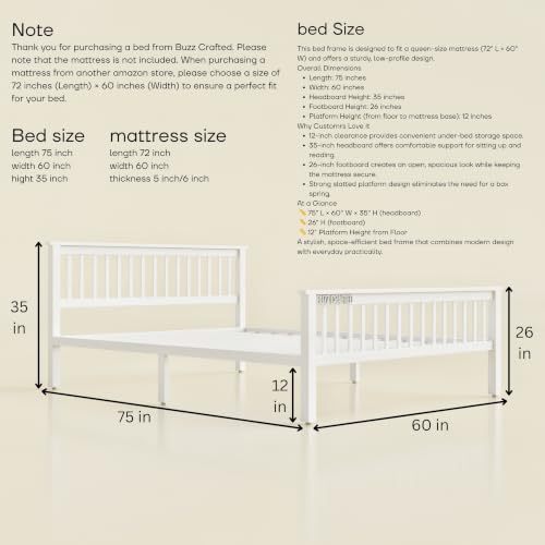 Image of Queen Size Metal Bed Frame | Queen Metal Bed | Queen Iron Bed | QueenSize Steel Bed | Heavy Duty Platform Bed | Steel Slats | No Box Spring Needed | Ideal for Home,Hostel & Guest House (White)