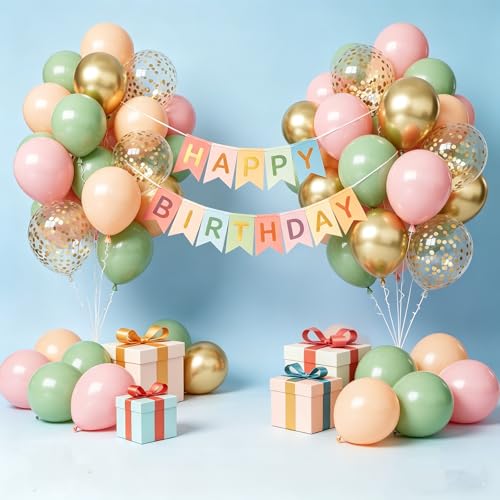 Image of Pink and Green Balloons, 65Pcs Light Pink Balloon, 12In Retro Green and Pink Balloons for Birthday Bridal Shower Baby Shower Decorations
