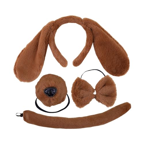 STSFXIF 犬耳 ぬいぐるみ しっぽセット 可愛い ヘアバンド 子供大人兼用 仮装道具 ユニーク 快適な装着感 蝶ネクタイ付き コスプレ パーティー クリスマス ステージパフォーマンスに対応, 茶色
