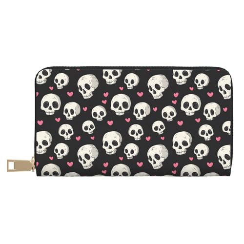 Leather Thin Slim Wallets for Women Men - Fashion Cute Skull Heart Print Card Wallet Holder with Zipper