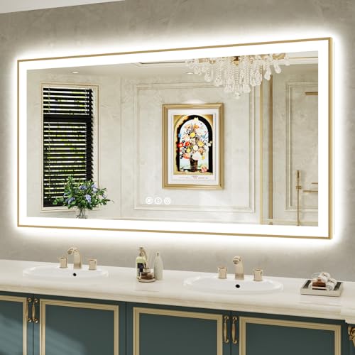 Image of 66x36 LED Bathroom Mirror with Lights, Gold Framed Lighted Mirror | Backlit and Front light, Anti-Fog, 3 Color Dimmable, Memory, Tempered Glass, IP54 Waterproof, UL Listed