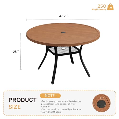 Image of VICLLAX 47.2 inch Round Patio Table for 6, All Weather Metal Outdoor Dining Table with Adjustable Umbrella Hole, Walnut Wood-Like Tabletop